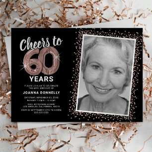 Convite Foto de aniversário de 60 anos em Rose Gold Cheers