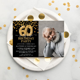 Convite Foto de Aniversário de 60 anos Surpresa Preta e Do