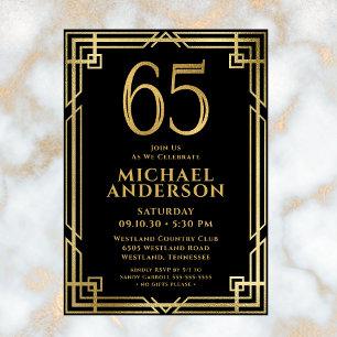 Convite Foto de Aniversário de 65 anos em Preto e Dourado