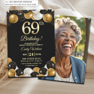 Convite Foto de Aniversário de 69 Anos com Brilho Dourado