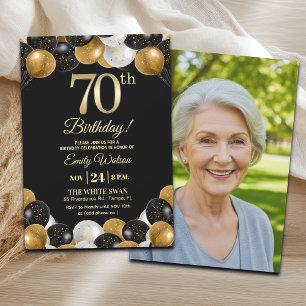 Convite Foto de Aniversário de 70 anos com Brilho Preto e 