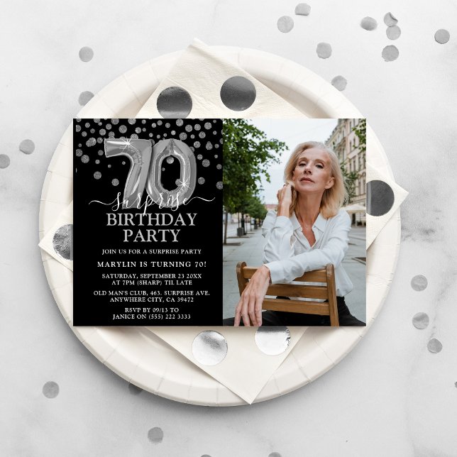 Convite Foto de Aniversário de 70 anos Preta e Prata Moder (Criador carregado)