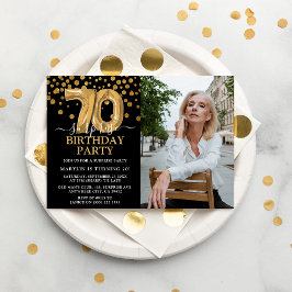 Convite Foto de Aniversário de 70 anos Surpresa Preta e Do