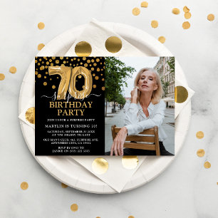Convite Foto de aniversário de 70 Surpresa Moderna Preta 