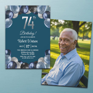 Convite Foto de Aniversário de 74 anos em Azul Elegante co
