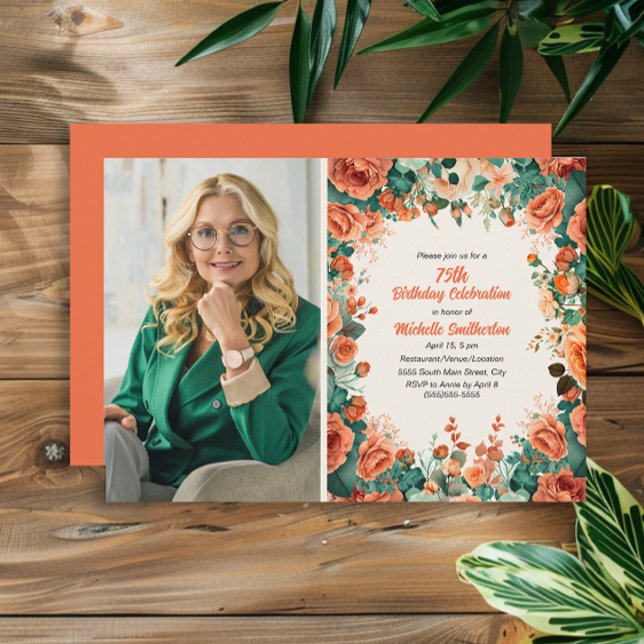 Convite Foto de aniversário de 75 anos com flores laranja  (Orange watercolor floral photo 75th birthday party invitation)