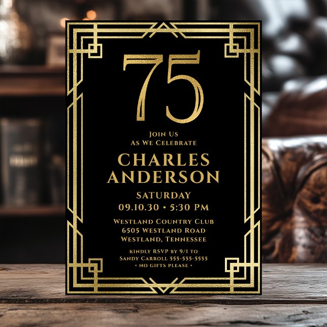 Convite Foto de Aniversário de 75 anos em Preto e Dourado (Criador carregado)