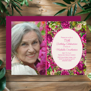 Convite Foto de Aniversário de 75 anos em Rosa Fúcsia Flor