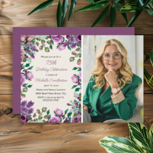 Convite Foto de Aniversário de 75 anos Floral Verde Mint P