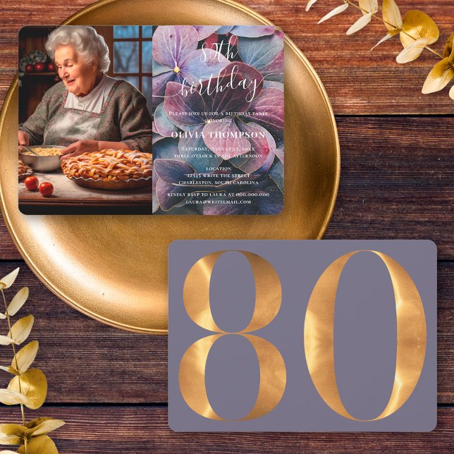 Convite Foto de Aniversário de 80 anos com Hortênsias Dour (Front / Back)