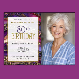 Convite Foto de Aniversário de 80 anos Purple Gold Jeweled