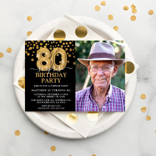 Convite Foto de Aniversário de 80 anos Surpresa Preta e Do