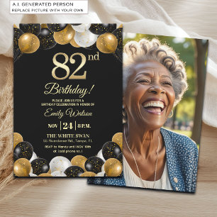 Convite Foto de Aniversário de 82 anos com Brilho Preto e