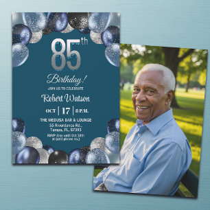 Convite Foto de Aniversário de 85 anos Azul Elegante com B