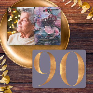 Convite Foto de Aniversário de 90 anos com Hortênsias Dour