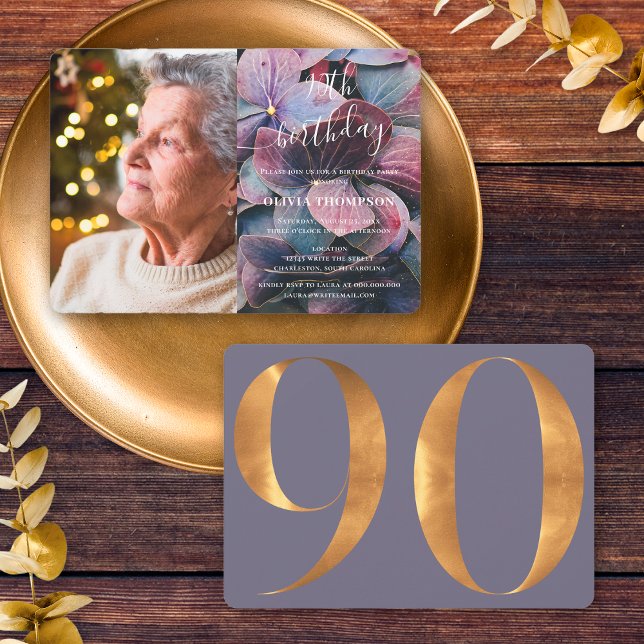 Convite Foto de Aniversário de 90 anos com Hortênsias Dour (Front / Back)