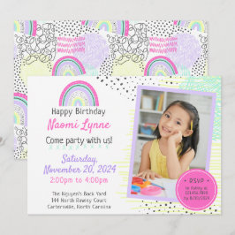 Convite Foto de aniversário de 90 anos da Rainbow Girl com