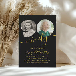 Convite Foto de Aniversário de 90 anos Preto e Dourado