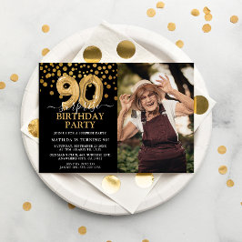 Convite Foto de Aniversário de 90 anos Surpresa Preta e Do