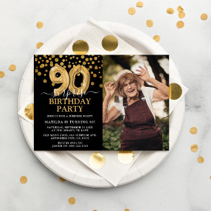Convite Foto de aniversário de 90 Surpresa Moderna Preta