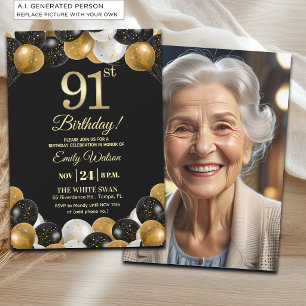 Convite Foto de Aniversário de 91 anos com Brilho Preto e