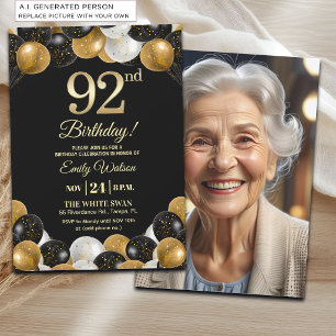Convite Foto de Aniversário de 92 Anos com Brilho Preto e