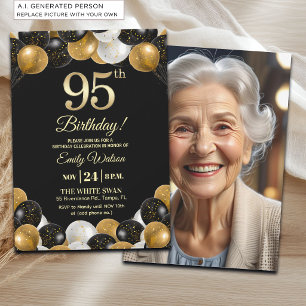 Convite Foto de Aniversário de 95 anos com Glitter Preto e