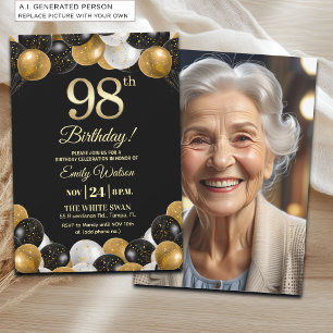 Convite Foto de Aniversário de 98 anos com Brilho Preto e