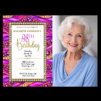 Convite Foto de Aniversário de 98 anos Glam Pink Gold Jewe