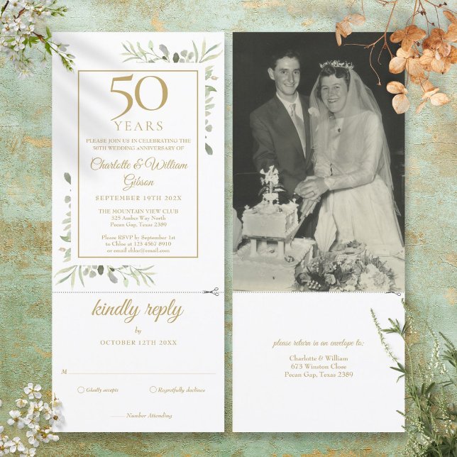 Convite Foto de aniversário de casamento de 50 anos com fo (50th Golden Anniversary Wedding Photo Foliage RSVP Invitation)