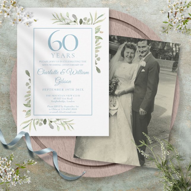 Convite Foto de Aniversário de Casamento de Diamante 60º c (60th Diamond Wedding Anniversary Photo Greenery Invitation)