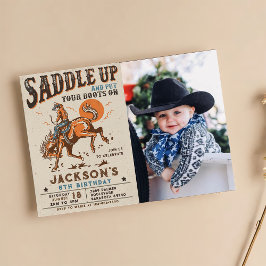 Convite Foto de Aniversário de Cowboy Western Rodeio Saddl