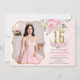 Convite Foto de Aniversário de Dezesseis Anos Floral Rosa