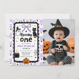 Convite Foto de Aniversário de Halloween Gingham Spooky On