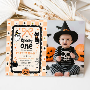 Convite Foto de Aniversário de Halloween Gingham Spooky On