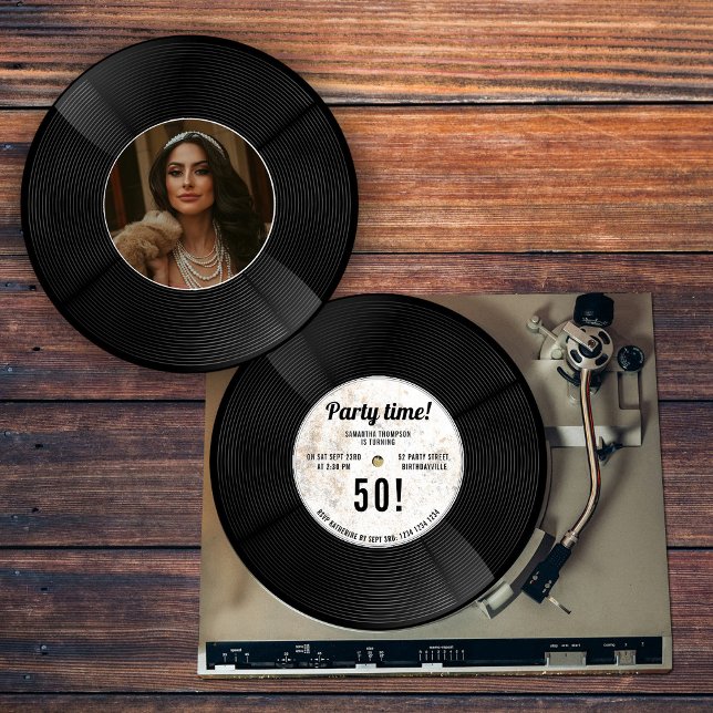 Convite Foto de aniversário de marco personalizado de vini (Custom Vinyl Record Music Milestone Birthday Photo Invitation)