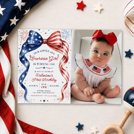 Convite Foto de aniversário de menina americana Red White 
