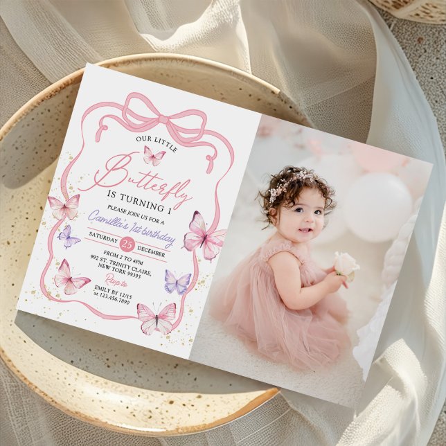 Convite Foto de Aniversário de Menina com Borboleta e Laço (Criador carregado)
