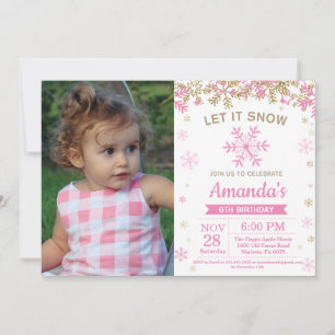 Convite Foto de Aniversário de Menina com Floco de Neve Ro