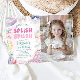 Convite Foto de Aniversário de Menina com Piscina de Bolin