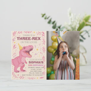 Convite Foto de Aniversário de Menina com Três Dinossauros