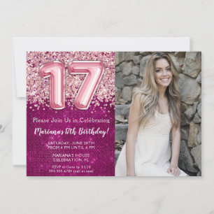 Convite Foto de Aniversário de Menina de 17 Anos Rosa Mage