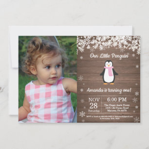 Convite Foto de Aniversário de Menina no Inverno com Pingu