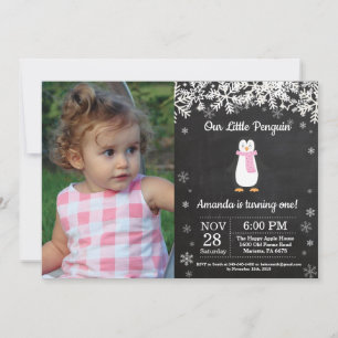Convite Foto de Aniversário de Menina no Inverno com Pingu