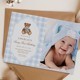 Convite Foto de aniversário de menino minimalista azul Urs