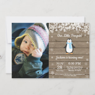Convite Foto de Aniversário de Menino Pinguim Rústico de I