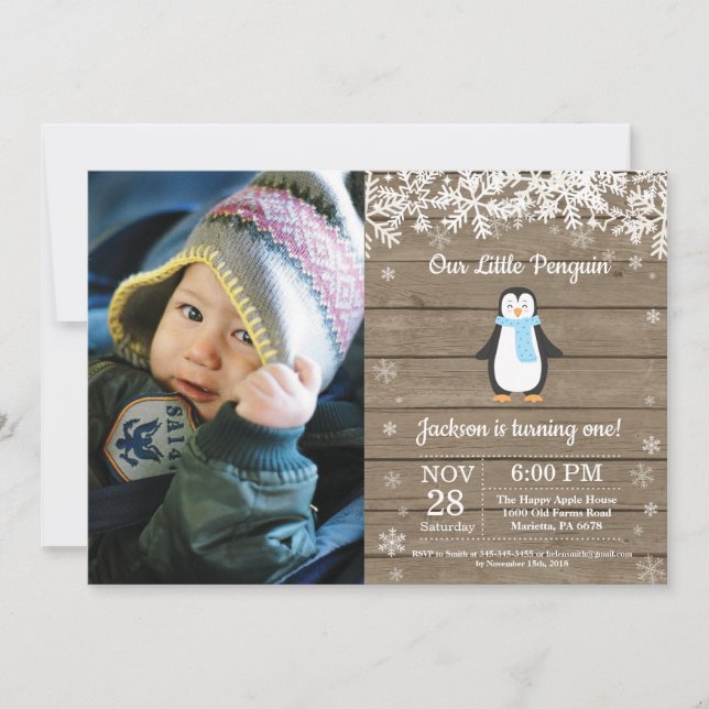 Convite Foto de Aniversário de Menino Pinguim Rústico de I (Frente)