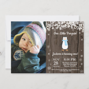 Convite Foto de Aniversário de Menino Pinguim Rústico de I