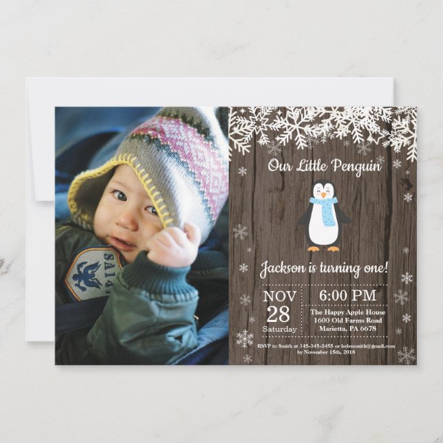 Convite Foto de Aniversário de Menino Pinguim Rústico de I (Frente)