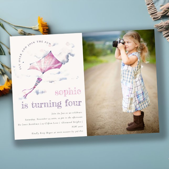 Convite Foto de Aniversário de Nuvens Céus Cinzentos, Rosa (Criador carregado)